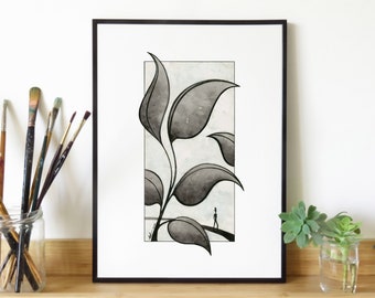 Digital print of a Chinese ink painting of a modern "Overgrown" plant motif, limited edition