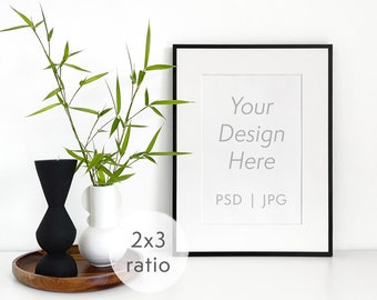 2x3 frame mockup in a minimal scenery - 8x12 minimal frame template with plant - Black frame mockup - PSD wall art mockup - Poster mockup