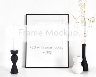 3x4 picture frame mockup with mat - Mockup for art print - Minimal 9x12 black frame template with PSD and JPG files