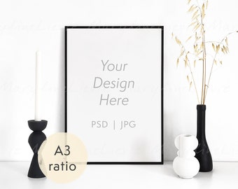 A3 frame mockup with decor - A2 minimal frame template with plants - Thin black frame mockup - PSD wall art mockup - Poster mockup