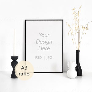 A3 frame mockup with decor - A2 minimal frame template with plants - Thin black frame mockup - PSD wall art mockup - Poster mockup
