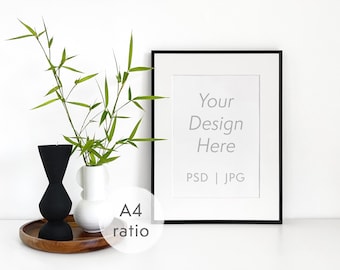 A4 frame mockup with mat - A3 minimal frame template with plant - Thin black frame mockup - PSD wall art mockup - Poster mockup