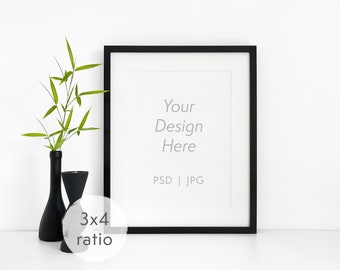 3x4 frame mockup with bamboo - Minimal black frame template with mat in a clean setting - PSD and JPG files