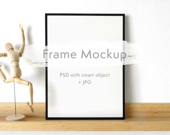 3x4 frame mockup with wood mannequin - 9x12 minimal picture frame template on a shelf - PSD and JPG files