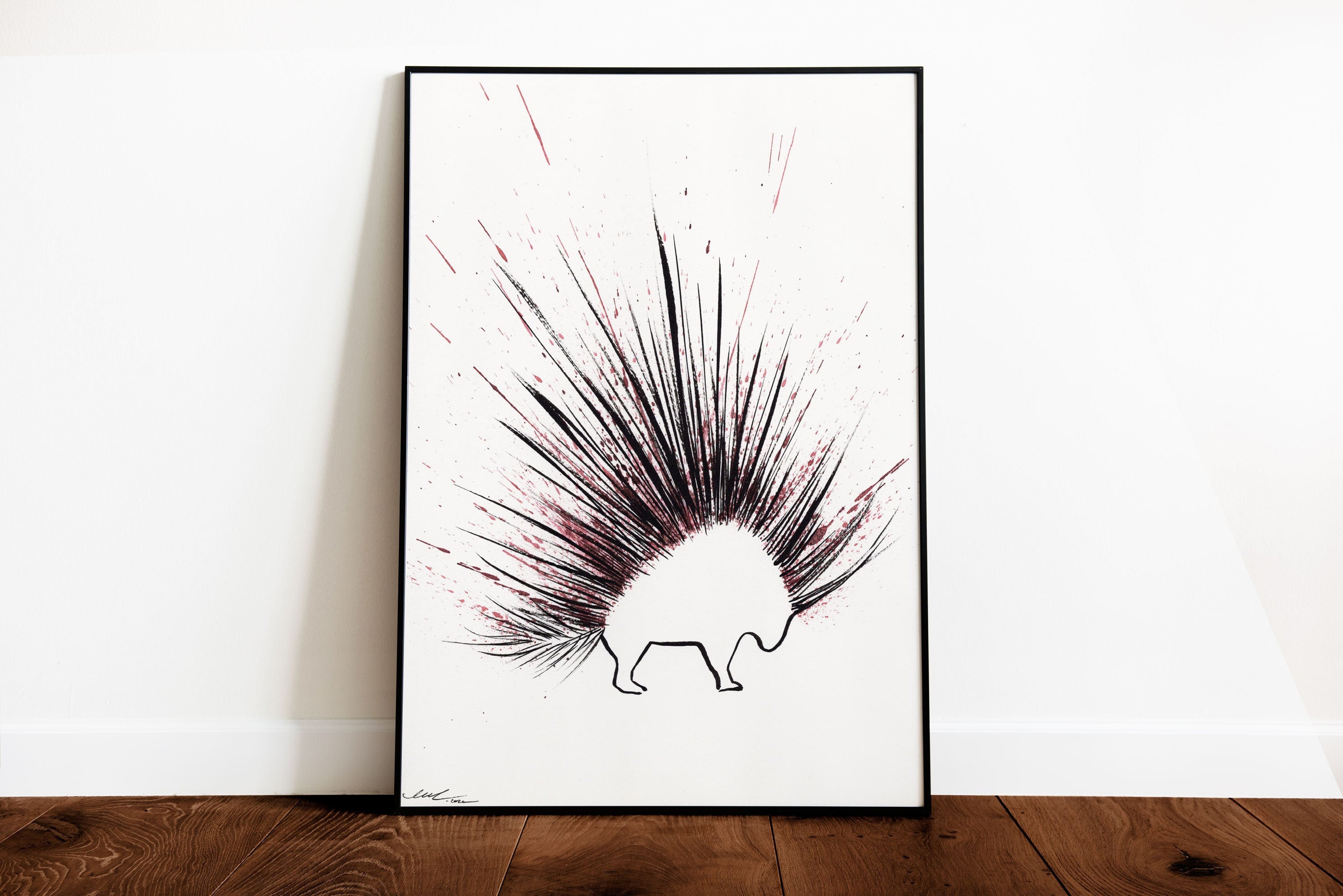 Affiche en Série Limitée d'après Un Dessin de Porc-Épic à L'encre Noire et Bordeaux, Affiche Signée 