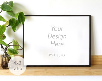 4x3 black frame mockup with plants - 12x9 minimal frame template in a natural setting - Photoshop and JPG files