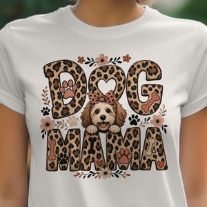 Cute Dog Mama Leopard Print T-Shirt with Cavapoo Puppy Design. Boho Dog Mom Gift for Her, Rustic Animal Lover Tee.