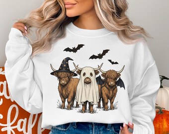 Sudadera de Halloween con estampado de vaca de las Tierras Altas, sudadera con cuello redondo de bruja con fantasma espeluznante, jersey bonito de otoño, camiseta con estampado de animales de granja para ella.