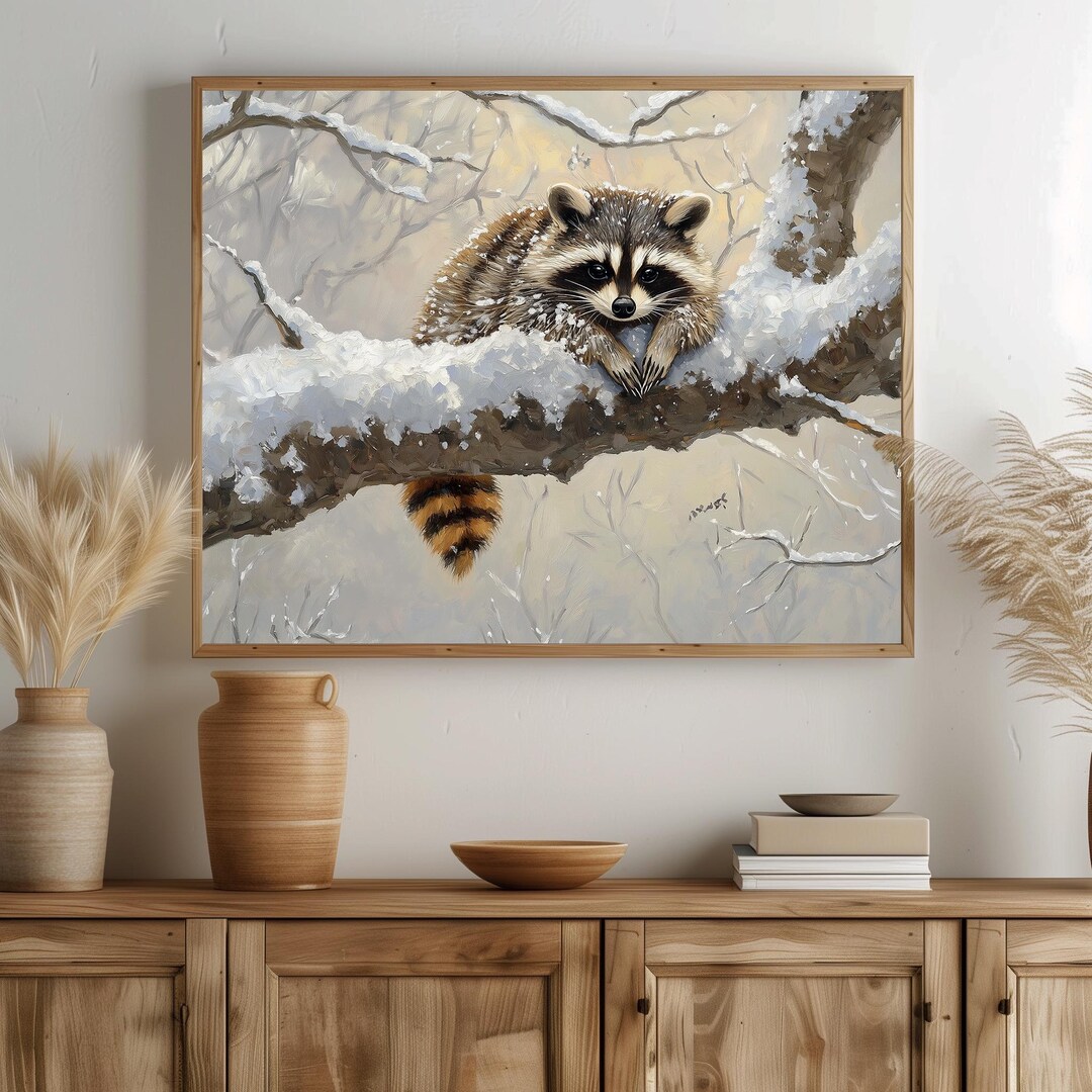 Rustic Raccoon Rustic Raccoon in Snowy Tree - Realistic Winter Woodland Painting, Cozy ...