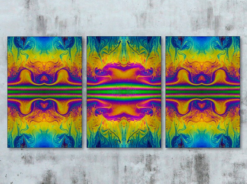 Psychedelic Wall Hanging Abstract Art Print Mandala Sacred Geometry Fractal Artwork Triptych Multi Panel