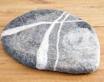 Felted wool seat cushion, round, oval or pointed, stone pebble, grey natural