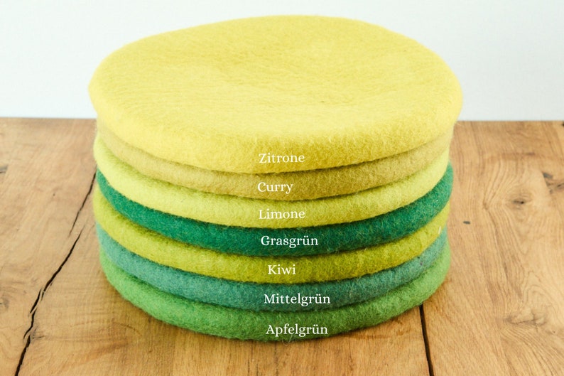 Seat cushion made of felted wool, round, 35 cm, colourful chair cushions made of felt, green, light green, medium green, yellow, lemon, kiwi image 2