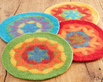 Seat cushion made of felted wool, around 35 cm, flower of life, colorful chair cushions, red, blue, green, yellow