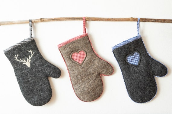 Ofenhandschuh aus Filz Herz rot/weiß blau/weiß kariert Karo Wolle Topflappen Backhandschuh Grillhandschuh, Geschenk Muttertag, Mutter, Oma