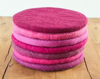 Coussin de siège en laine feutrée, rond, 35 cm, coussin de chaise en feutre coloré, aubergine rose baie,