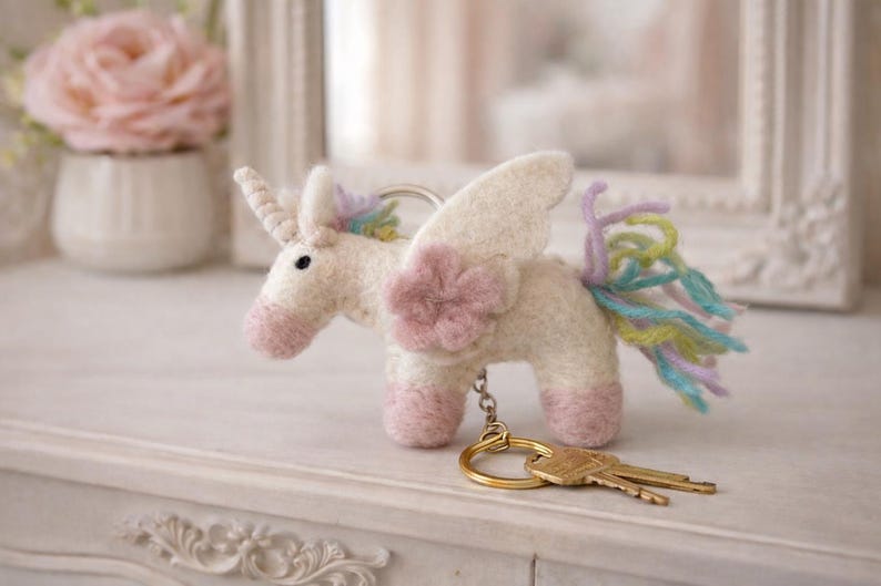 Felt unicorn keychain, small felted unicorn, rainbow Easter gift image 1