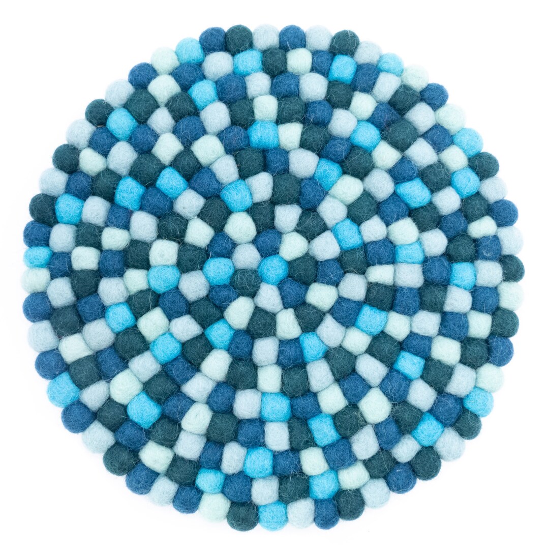 Coasters Made of Felt Balls, Round, 22 Cm, Blue, Light Blue, Handmade