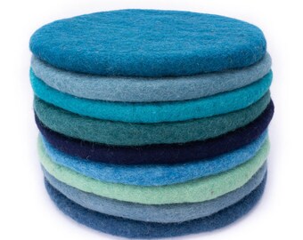 Coussin d'assise en laine feutrée, rond, 35 cm, coussins de chaise colorés en feutre, bleu, bleu clair, bleu foncé, bleu gris