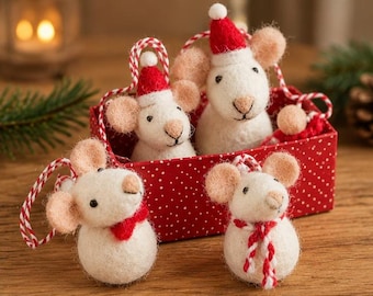 Set of 5 Christmas mouse ornaments made of felt, white or grey, fun tree decorations, Christmas gift tags, handmade.