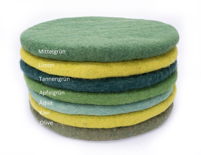 Sitzkissen aus Wolle gefilzt, rund, 35cm, bunte Stuhlkissen aus Filz, grün, hellgrün, dunkelgrün Bild 2