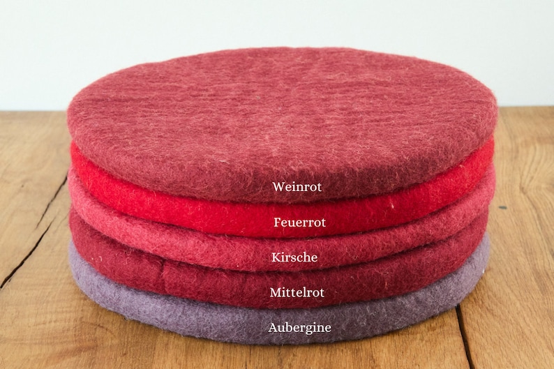 Seat cushion made of felted wool, round, 35 cm, colourful, colourful felt cushions, red, wine red, cherry, shades of red, aubergine image 2