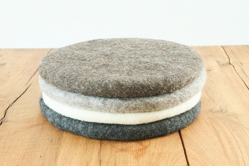 Seat cushion made of felted wool, round, 35 cm, natural, undyed, anthracite, white image 1