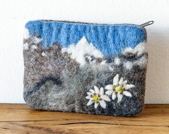 Felt bag with Alps, mountains and edelweiss, small purse, felt bag, storage for cosmetic items, natural