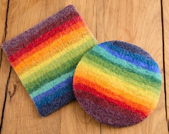 Filzuntersetzer rund Regenbogen, Ø 20 cm und eckig 20 x 20 cm, Topfuntersetzer aus Filz, bunt