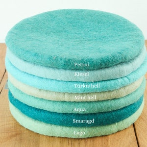 Seat cushion made of felted wool, round, 35 cm, colourful chair cushions made of felt, blue, light blue, emerald, grey blue, petrol image 2