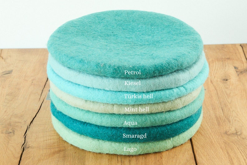 Seat cushion made of felted wool, round, 35 cm, colourful chair cushions made of felt, blue, light blue, emerald, grey blue, petrol image 2