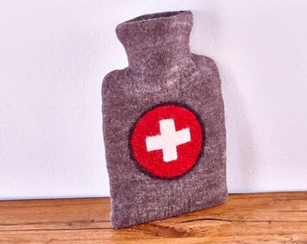 Wärmflasche gefilzt Schweiz Armeedecke Bezug aus Filz Wolle (Merinowolle) Gute Besserung