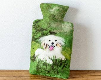 Wärmflasche gefilzt grün mit Hund Filz Wolle (Merinowolle) Wärmflaschenbezug Handarbeit