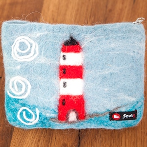 Filztäschchen Leuchtturm im Meer, kleines Täschchen aus Filz, Urlaub, Geldbeutel klein blau Kinder, Geschenk Junge Mädchen
