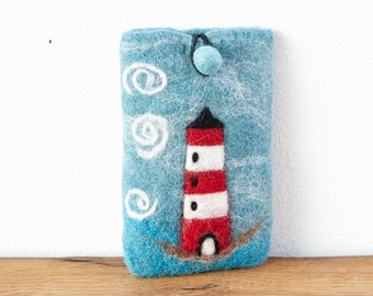 Protective smartphone case made of felt 19 x 12 cm lighthouse sea blue mobile phone case