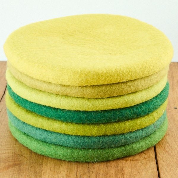 Coussin de siège en laine feutrée, rond, 35 cm, coussins de chaise en feutre coloré, vert, vert clair, vert moyen, jaune, citron, kiwi