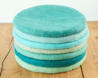 Seat cushion made of felted wool, round, 35 cm, colourful chair cushions made of felt, blue, light blue, emerald, grey blue, petrol