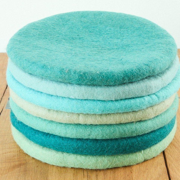 Coussin d'assise en laine feutrée, rond, 35 cm, coussins de chaise colorés en feutre, bleu, bleu clair, émeraude, gris bleu, pétrole