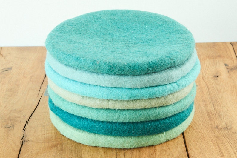 Seat cushion made of felted wool, round, 35 cm, colourful chair cushions made of felt, blue, light blue, emerald, grey blue, petrol image 1