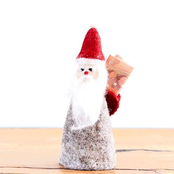gefilzter Nikolaus mit Geldfach, Weihnachtsmann aus Filz mit Rucksack für Geld oder Nachricht, weihnachtlicher Eierwärmer
