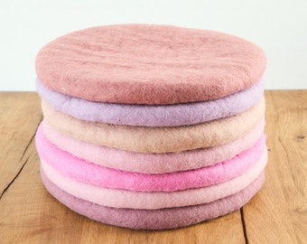 Seat cushion made of felted wool, round, 35 cm, colorful chair cushions made of felt, pink, pastel, lilac, brick, Provence