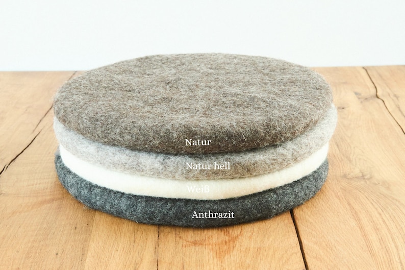 Seat cushion made of felted wool, round, 35 cm, natural, undyed, anthracite, white image 2