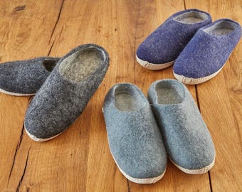 May include: Four pairs of wool slippers in gray and blue colors. The slippers are made of felt and have a soft, comfortable texture.