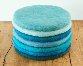 Rond zitkussen van viltwol, 35 cm, kleurrijk vilten stoelkussen, blauw, lichtblauw, donkerblauw, grijsblauw, turquoise