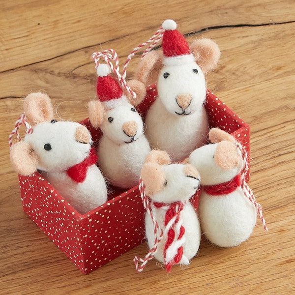 5er Set Weihnachts-Mäuse Anhänger aus Filz weiß oder grau, lustiger Baumschmuck, Geschenkanhänger Weihnachten