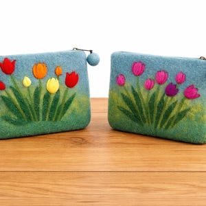Estuche de fieltro Tulipa: pequeño monedero con tulipanes de fieltro, neceser, idea de regalo hecha a mano