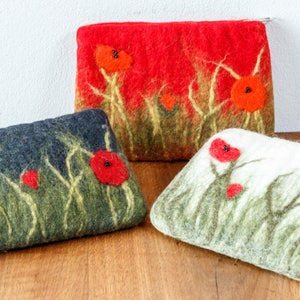 Filztäschchen mit Blumen, Mohn, Mohnblume, Wiese, kleiner Geldbeutel, Täschchen aus Filz, Aufbewahrung für Kosmetikartikel, Ostergeschenk