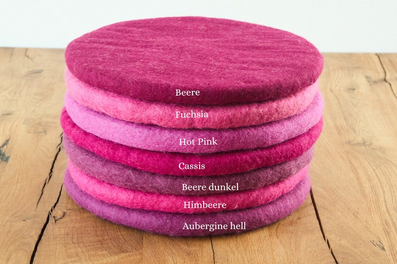 Seat cushion made of felted wool, round, 35 cm, colourful chair cushions made of felt, berry pink aubergine, image 2