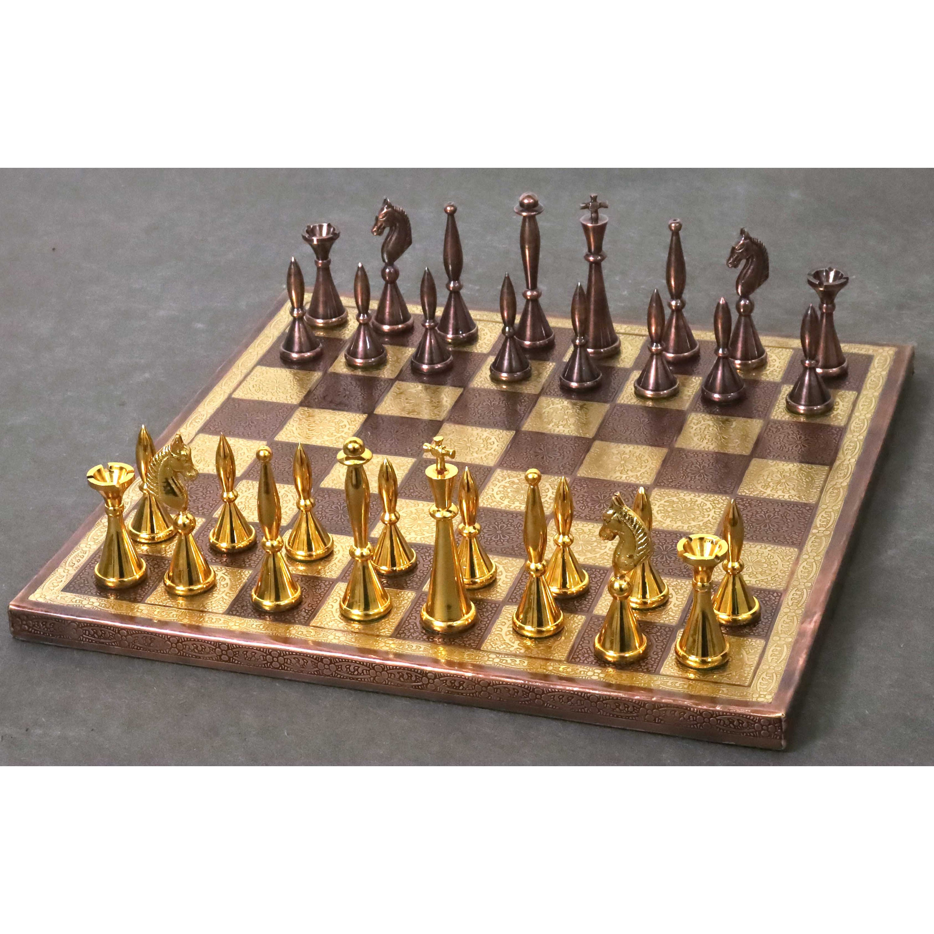 12 Brass Metal Chess Pieces & Board Set Tribal Artwork -  Portugal