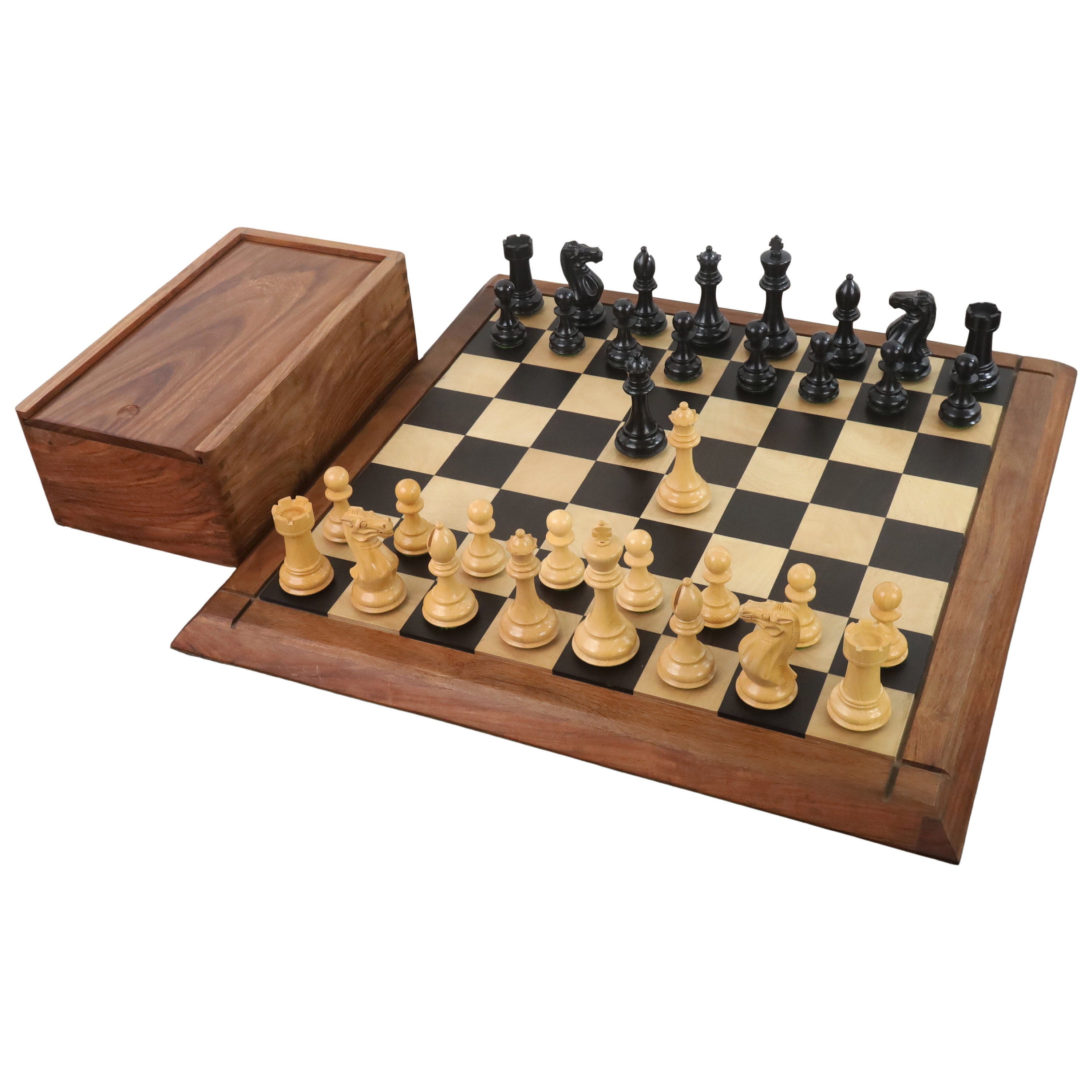 Deluxe Old Club Staunton Chess Set Ebony Boxwood Pieces with Black & Bird's-Eye Maple Chess Case - 3.25 King