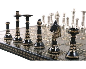 12 Brass Metal Chess Pieces & Board Set Tribal Artwork -  Portugal